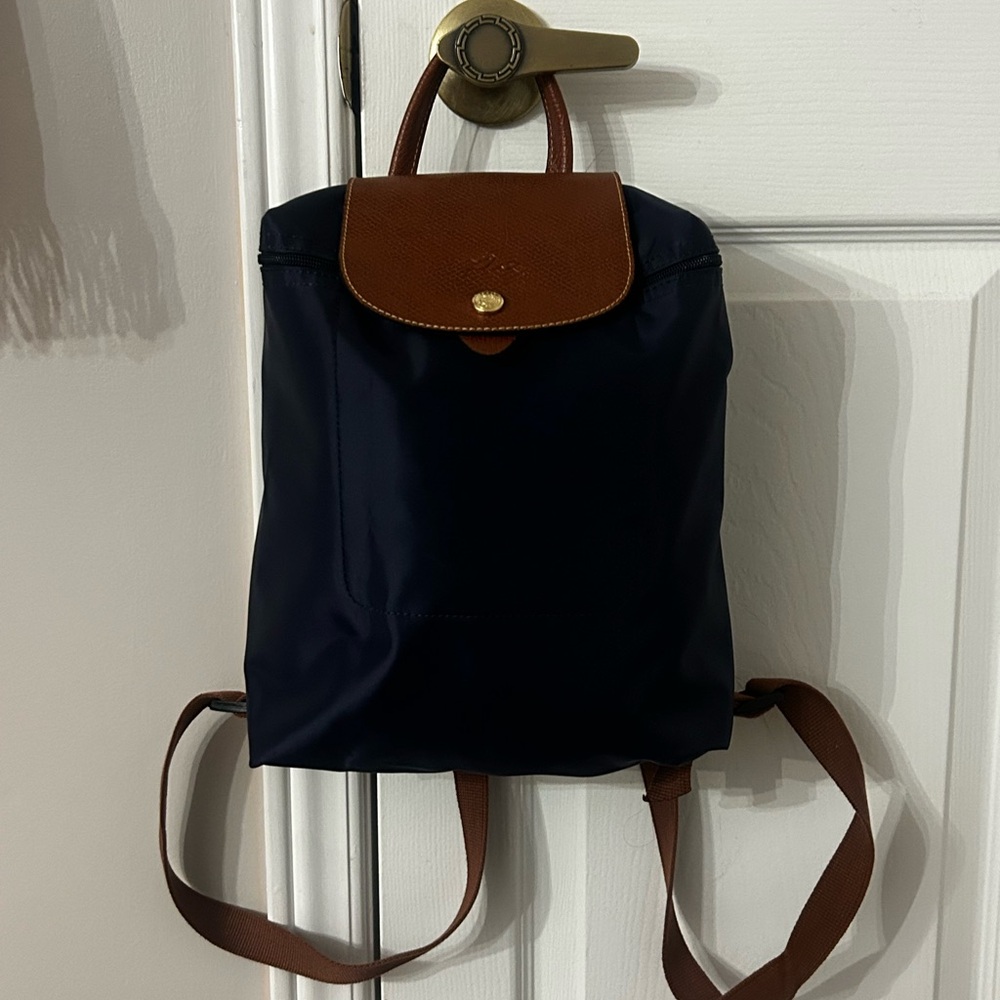 Longchamp Le Pliage Navy and Brown Backpack (Brand New)